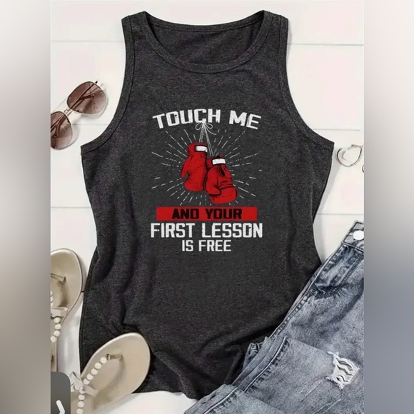 Tops - Gray Tank Top with Red Boxing Gloves Graphic